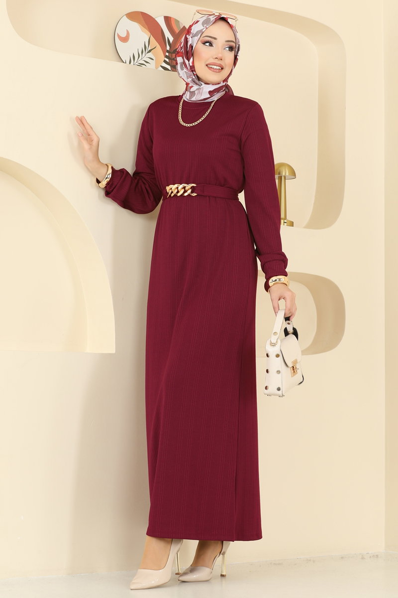 Beli Kemerli Burgu Elbise 8020UZ662 Bordo