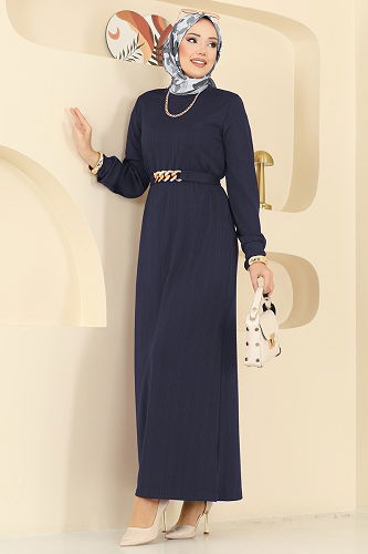 moda selvim Beli Kemerli Burgu Elbise 8020UZ662 Koyu Laci - Thumbnail