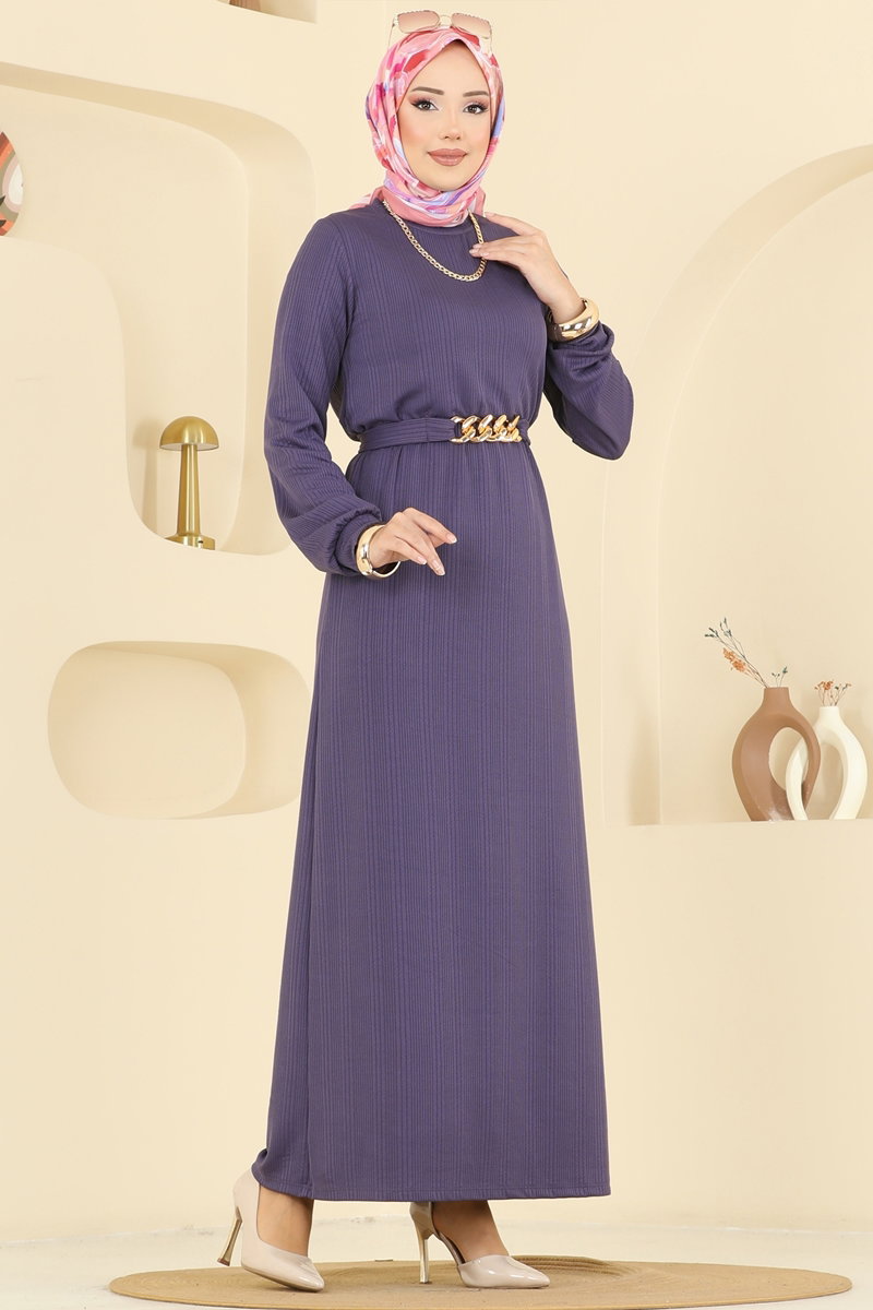 Beli Kemerli Burgu Elbise 8020UZ662 Mor