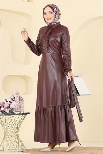 moda selvim Beli Kemerli Deri Elbise 5285AL357 Bordo - Thumbnail