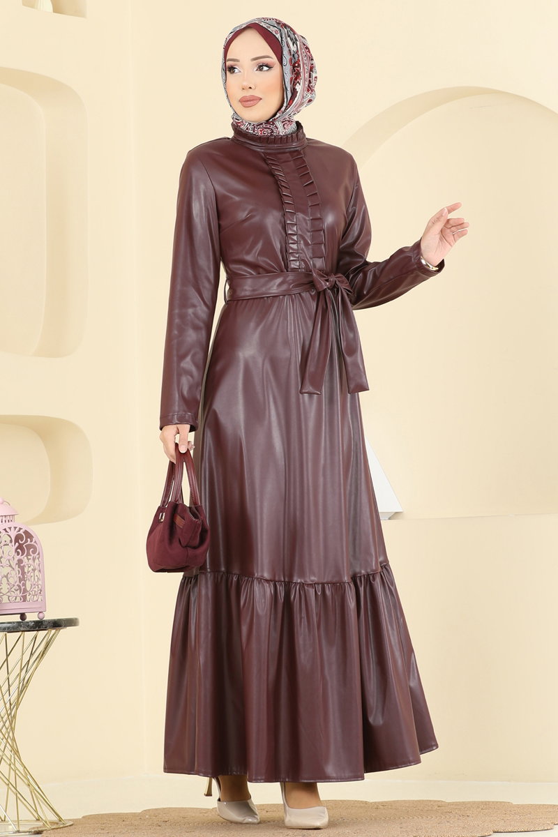 Beli Kemerli Deri Elbise 5285AL357 Bordo
