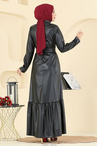 moda selvim Beli Kemerli Deri Elbise 5285AL357 Siyah - Thumbnail