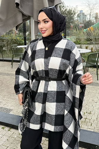moda selvim Beli Kemerli Ekose Panço 4701ALGK1170 Ekru&Siyah - Thumbnail