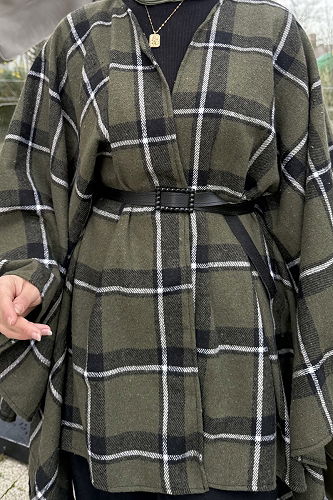 moda selvim Beli Kemerli Ekose Panço 4701ALGK1170 Haki - Thumbnail