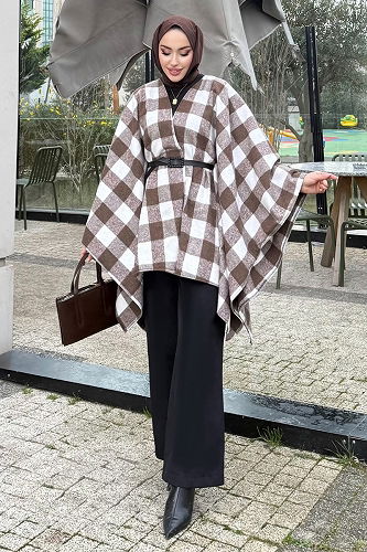 moda selvim Beli Kemerli Ekose Panço 4701ALGK1170 Kahve - Thumbnail