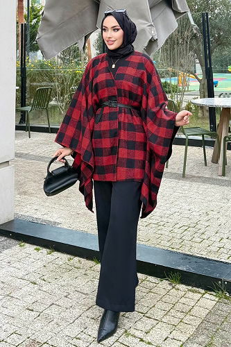 moda selvim Beli Kemerli Ekose Panço 4701ALGK1170 Kırmızı - Thumbnail