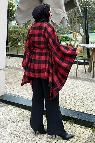 moda selvim Beli Kemerli Ekose Panço 4701ALGK1170 Kırmızı - Thumbnail