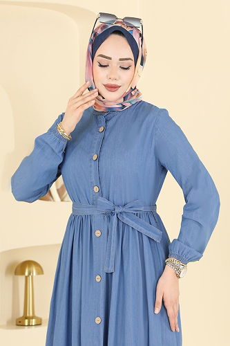 moda selvim Beli Kemerli Kot Elbise 6785ORG1169 Açık Kot - Thumbnail