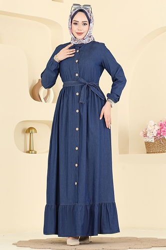 moda selvim Beli Kemerli Kot Elbise 6785ORG1169 Koyu Kot - Thumbnail