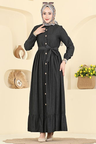 moda selvim Beli Kemerli Kot Elbise 6785ORG1169 Siyah Kot - Thumbnail