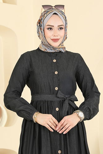 moda selvim Beli Kemerli Kot Elbise 6785ORG1169 Siyah Kot - Thumbnail