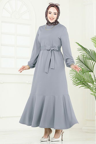 moda selvim Beli Kemerli Mira Elbise 23028UKB139 Gri - Thumbnail