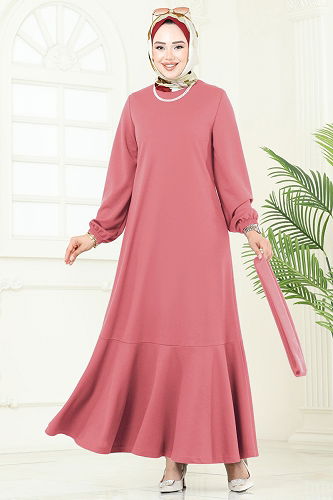 moda selvim Beli Kemerli Mira Elbise 23028UKB139 Gül Kurusu - Thumbnail