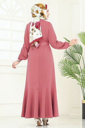 moda selvim Beli Kemerli Mira Elbise 23028UKB139 Gül Kurusu - Thumbnail