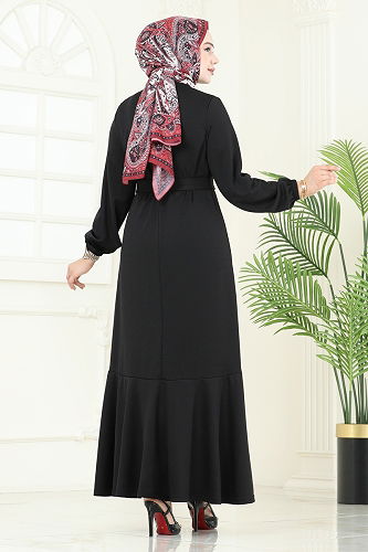 moda selvim Beli Kemerli Mira Elbise 23028UKB139 Siyah - Thumbnail