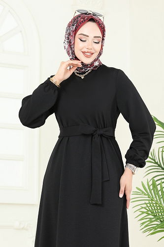 moda selvim Beli Kemerli Mira Elbise 23028UKB139 Siyah - Thumbnail