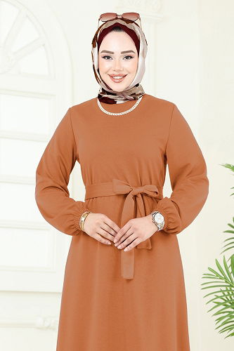 moda selvim Beli Kemerli Mira Elbise 23028UKB139 Taba - Thumbnail