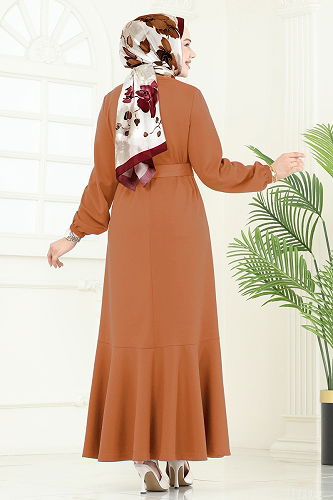 moda selvim Beli Kemerli Mira Elbise 23028UKB139 Taba - Thumbnail