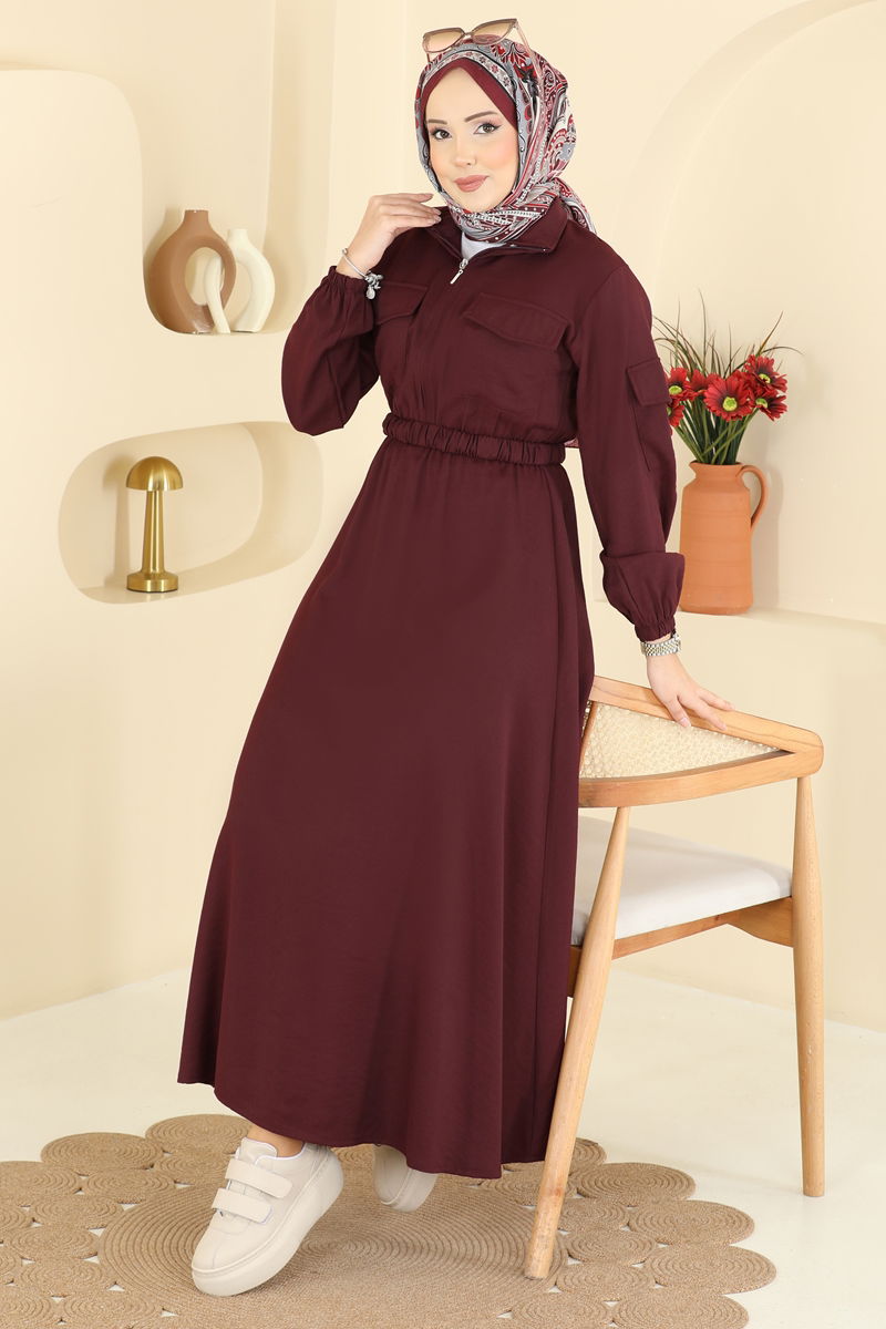 Beli Kemerli Tesettür Elbise 15900OLA1188 Bordo