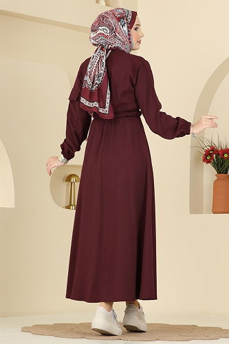moda selvim Beli Kemerli Tesettür Elbise 15900OLA1188 Bordo - Thumbnail