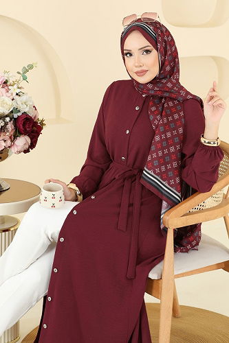 moda selvim Beli Kuşak Detaylı Aerobin Elbise 5005MDA386 Bordo - Thumbnail