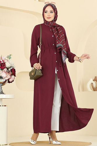 moda selvim Beli Kuşak Detaylı Aerobin Elbise 5005MDA386 Bordo - Thumbnail