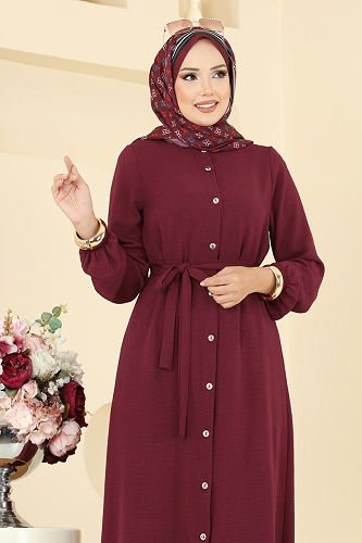 moda selvim Beli Kuşak Detaylı Aerobin Elbise 5005MDA386 Bordo - Thumbnail