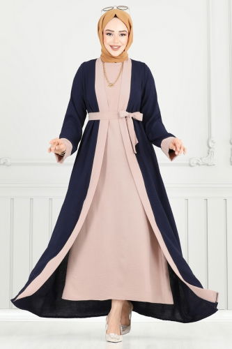moda selvim Beli Kuşaklı Abaya Takım 0339BG354 Laci - Thumbnail