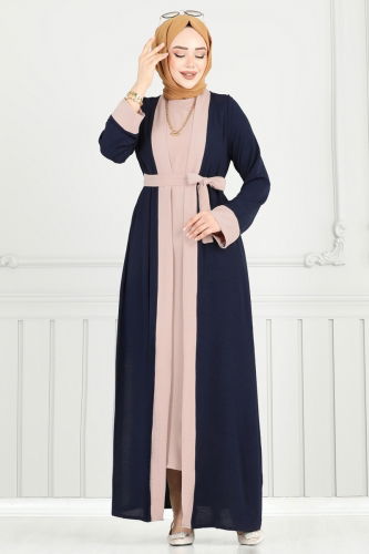 moda selvim Beli Kuşaklı Abaya Takım 0339BG354 Laci - Thumbnail