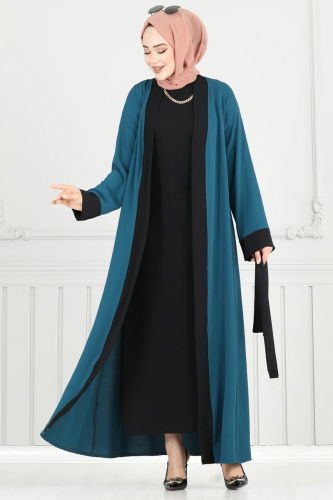 B.G.S. - Beli Kuşaklı Abaya Takım 0339BG354 Petrol