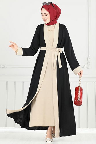 moda selvim Beli Kuşaklı Abaya Takım 0339BG354 Siyah - Thumbnail