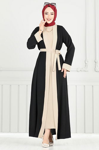 moda selvim Beli Kuşaklı Abaya Takım 0339BG354 Siyah - Thumbnail