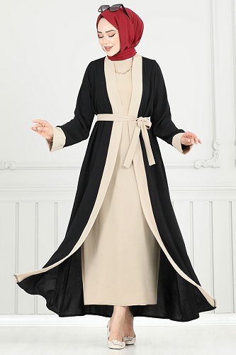 moda selvim Beli Kuşaklı Abaya Takım 0339BG354 Siyah - Thumbnail