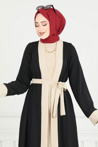 moda selvim Beli Kuşaklı Abaya Takım 0339BG354 Siyah - Thumbnail