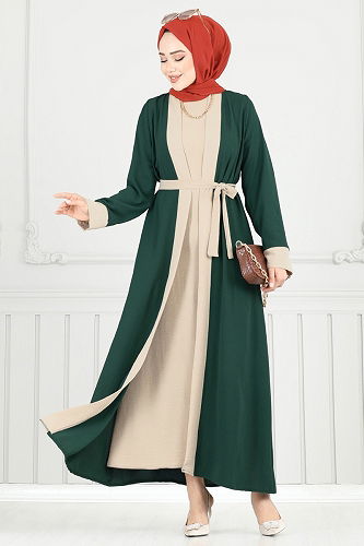 moda selvim Beli Kuşaklı Abaya Takım 0339BG354 Zümrüt - Thumbnail
