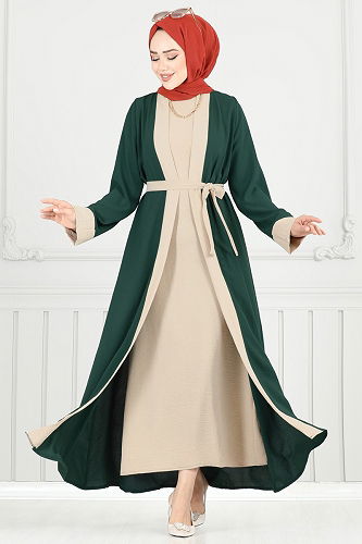 moda selvim Beli Kuşaklı Abaya Takım 0339BG354 Zümrüt - Thumbnail