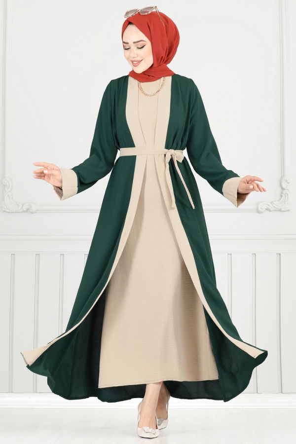 Modaselvim Kombin Beli Kuşaklı Abaya Takım 0339BG354 Zümrüt