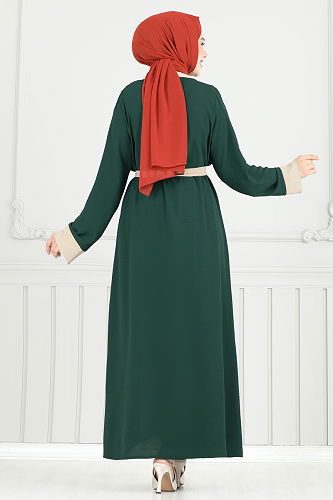 moda selvim Beli Kuşaklı Abaya Takım 0339BG354 Zümrüt - Thumbnail