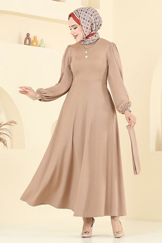 moda selvim Beli Kuşaklı Abiye Elbise 2310ANT466 Latte - Thumbnail