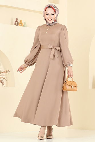 moda selvim Beli Kuşaklı Abiye Elbise 2310ANT466 Latte - Thumbnail