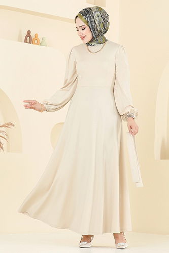moda selvim Beli Kuşaklı Abiye Elbise 2310ANT466 Taş - Thumbnail