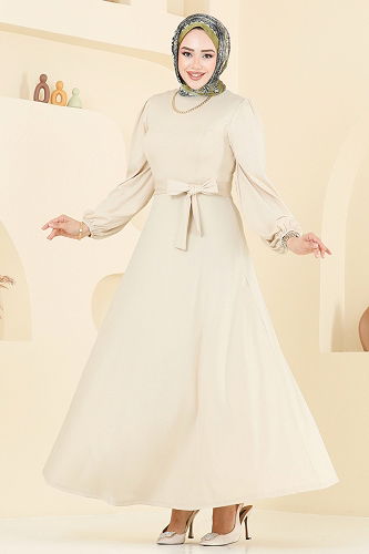 moda selvim Beli Kuşaklı Abiye Elbise 2310ANT466 Taş - Thumbnail