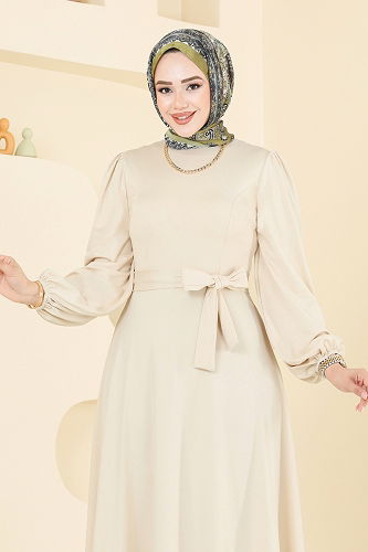 moda selvim Beli Kuşaklı Abiye Elbise 2310ANT466 Taş - Thumbnail