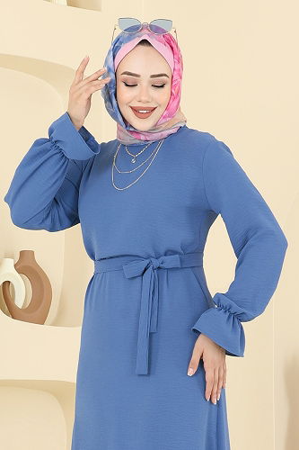 moda selvim Beli Kuşaklı Aerobin Elbise 1061ERK1158 İndigo - Thumbnail