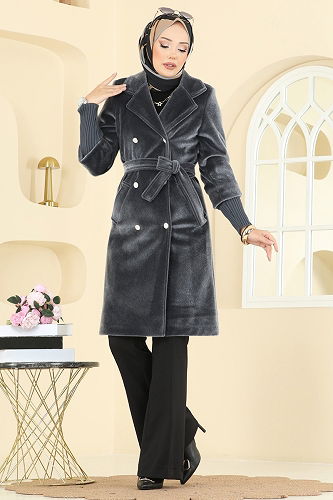 moda selvim Beli Kuşaklı Angora Kaban 1183OZT1013 Füme - Thumbnail