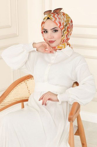 moda selvim Beli Kuşaklı Bürümcük Elbise 5856BSK463 Ekru - Thumbnail