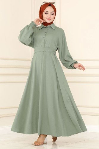 moda selvim Beli Kuşaklı Bürümcük Elbise 5856BSK463 Mint - Thumbnail