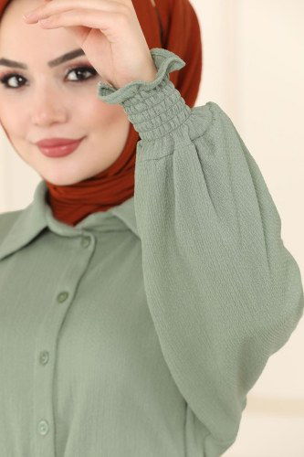 moda selvim Beli Kuşaklı Bürümcük Elbise 5856BSK463 Mint - Thumbnail
