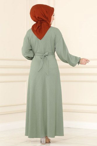 moda selvim Beli Kuşaklı Bürümcük Elbise 5856BSK463 Mint - Thumbnail