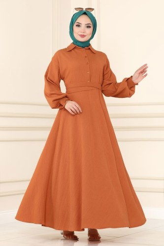 moda selvim Beli Kuşaklı Bürümcük Elbise 5856BSK463 Oranj - Thumbnail